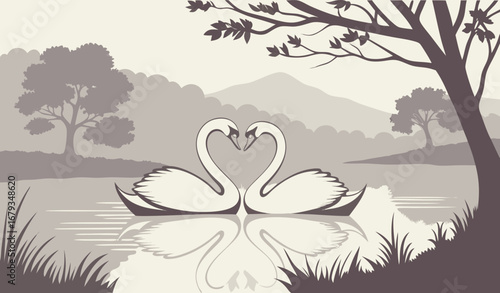 A pair of white swans forming a heart shape with their necks on a calm lake, surrounded by soft morning fog, romantic and cinematic composition, high-resolution, stock photography style."