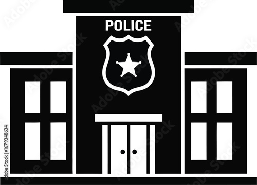 A black and white graphic illustration of a police station building with a badge above the entrance.