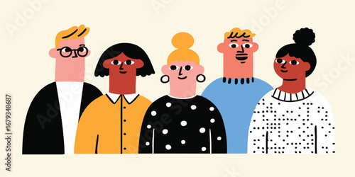 A stylized group of diverse individuals stand shoulder-to-shoulder, promoting togetherness and the beauty of inclusivity. Illustrated in a flat, artistic style.