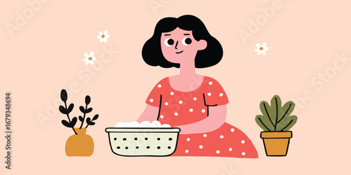 A cartoon illustration of a woman immersed in a relaxing activity like washing, showcasing a moment of domestic life.