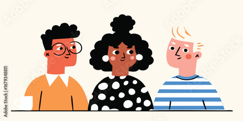 A charming illustration of three diverse individuals engaged in a close conversation, a showcase of connection and understanding, creating a warm, inviting atmosphere.