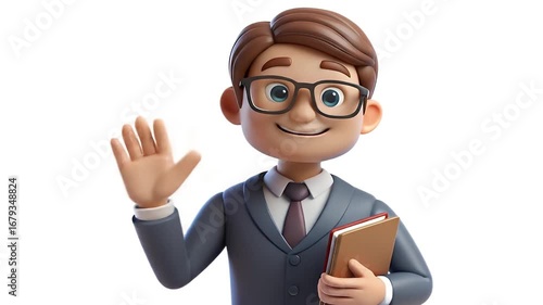 3D Cartoon Teacher Character with Glasses Holding Book, Waving Hand, Isolated on White Background