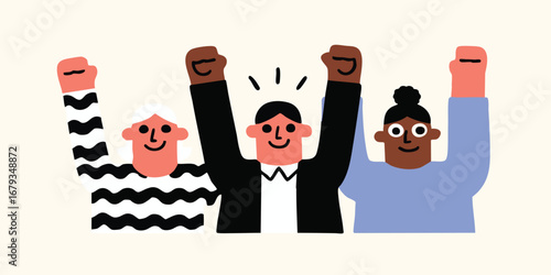 A cheerful group of individuals celebrates a collective achievement with raised fists, symbolizing unity, motivation, and triumph in the realm of human collaboration.