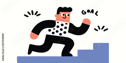 A determined individual ascends a set of stairs, visualizing their goal with unwavering focus and a strong sense of purpose.