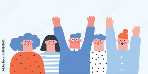 A group of cheerful individuals raise their arms in unison, radiating happiness and togetherness. Captured in a friendly and inclusive style.