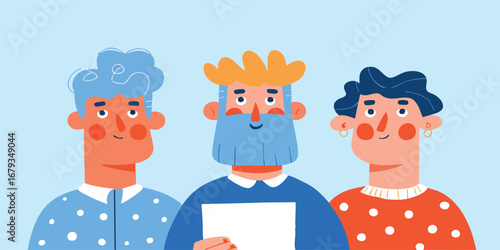 A team of diverse individuals standing united, their unique personalities captured in a flat illustration. the image evokes inclusivity and the power of collective effort.
