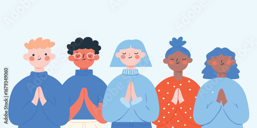 A united and diverse group of individuals clasps their hands together in a gesture of prayer, meditation, or quiet contemplation, fostering a feeling of serenity and belonging. 