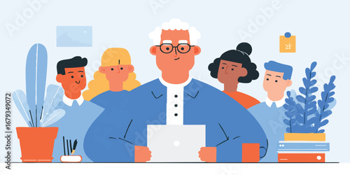 A determined leader, flanked by a supportive team, navigates the digital world, embracing collaboration and expertise in a clean, illustrative scene.