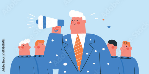 A charismatic leader, amplified through a megaphone, steers their team toward a shared vision, represented in an illustrative and motivational style, set against a backdrop of unity.