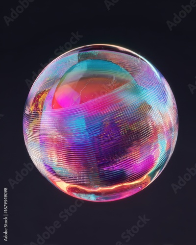 Luminous Iridescent Sphere with Intricate Moire Patterns of Swirling Neon Light.