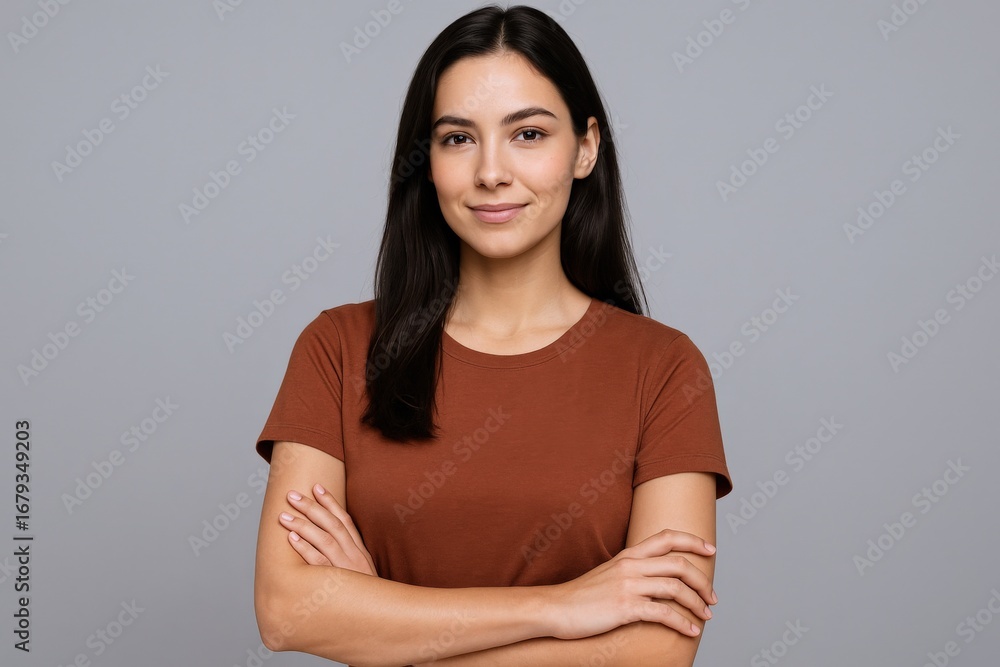 Fototapeta premium Confident Young Woman Portrait with Arms Crossed, Smiling on Gray Background