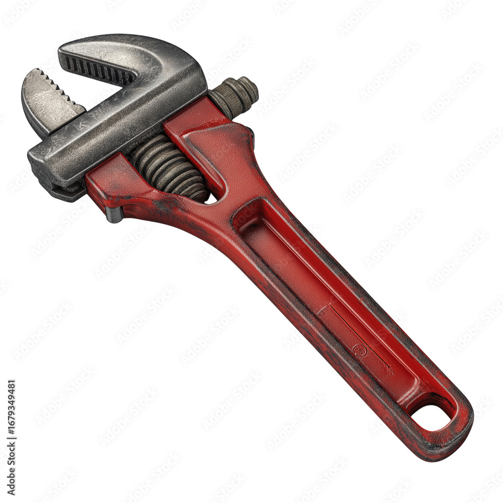 Fototapeta premium Adjustable pipe wrench with red handle and metal jaw, showing signs of use and wear, isolated on transparency background with realistic texture and detail