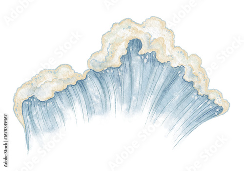 Φωτογραφία Blue sea wave with foam hand drawn in watercolor and colored pencil