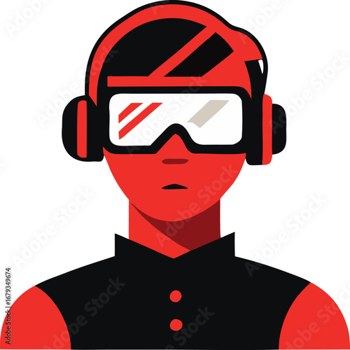 Futuristic cyberpunk person with red glow and goggles stylized graphic design