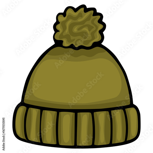A vector illustration of a stylish olive-green winter beanie with a fluffy pompom, featuring a detailed ribbed cuff and a smooth crown, perfect for apparel design or winter-themed projects.