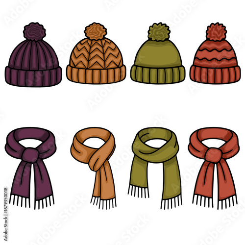 A vector illustration featuring four stylish winter beanies with pom-poms and four matching scarves in earthy autumnal tones, perfect for seasonal designs.