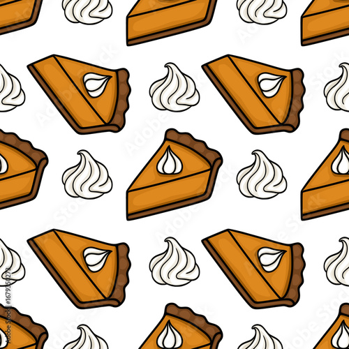 A delightful vector seamless pattern featuring vibrant slices of pumpkin pie adorned with fluffy whipped cream, perfect for autumnal designs and Thanksgiving celebrations.