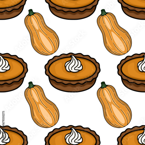 A delightful vector seamless pattern featuring autumnal pumpkin pies adorned with whipped cream and accompanied by plump butternut squashes, creating a festive and appetizing design.