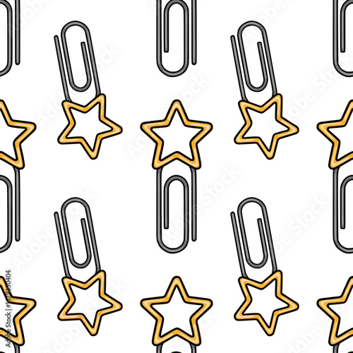 Seamless vector pattern featuring playful grey paperclips adorned with golden stars, creating a cheerful and organized design ideal for stationery or office-themed projects.