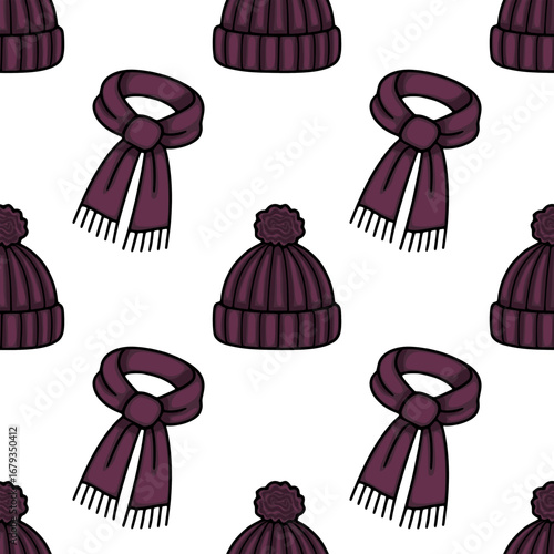 Seamless vector pattern featuring hand-drawn illustrations of maroon knitted winter hats with pom-poms and matching scarves, creating a cozy and stylish textile design.