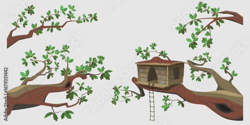 Wooden house or fortress with rope ladder on tree branch. Oak branch with leaves and acorns. Vector set of oak branches, isolated template. Oak leaf, acorn, twisted branch and old mighty oak branch.