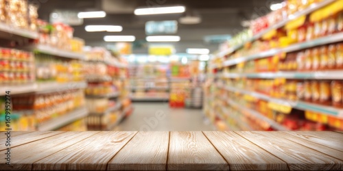 Wallpaper Mural Wooden Tabletop with Supermarket Aisle Background, Perfect for Product Placement and Promotional Mockups Torontodigital.ca