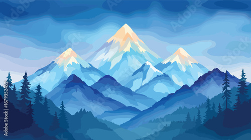 Majestic mountain range with snow-capped peaks under a blue sky mountains landscape.