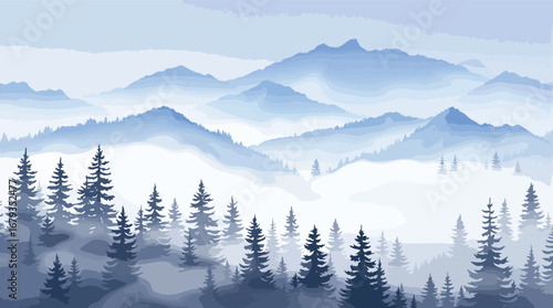 Misty Blue Mountain Landscape with Silhouetted Pine Trees in Layers mountains nature.