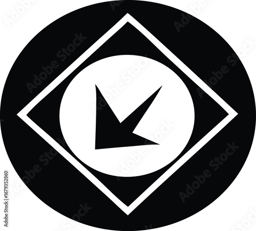 Abstract geometric symbol with downward arrow inside circle and square for design concepts