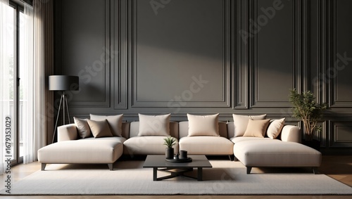 A modern living room with a beige sectional sofa, a dark coffee table, a floor lamp, and a plant, featuring dark paneled walls and natural light from a window.