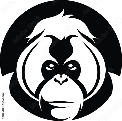 Striking black and white stylized orangutan face logo