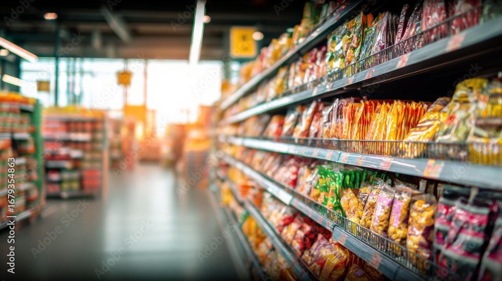 Fototapeta premium Grocery store aisle with shelves stocked full of vibrant packaged goods and food products