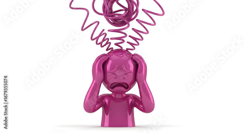 Distressed 3D character with a chaotic scribble above its head, representing anxiety, confusion, and mental turmoil. A concept for stress and overthinking. Isolated on a white background