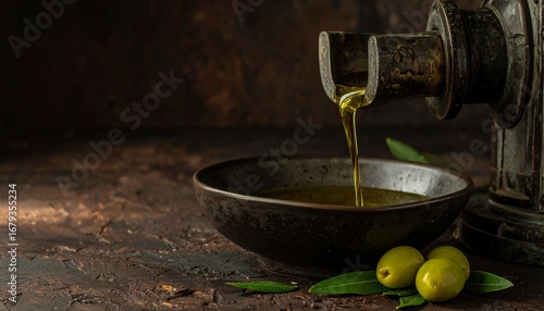 Golden Stream of Essence: Captivating the art of olive oil extraction, a vintage press releases a stream of liquid gold into a rustic bowl, embodying the essence of culinary perfection.