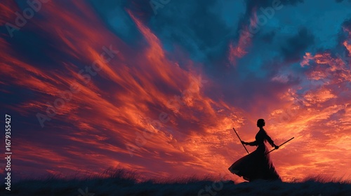 Dancer in silhouette against vibrant sunset, showcasing grace an