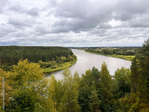Panoramic view of Nemunas Loops Regional Park from the Balbieriskis Nemunas Observation Deck, Lithuania.
