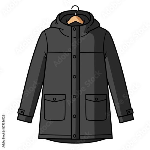 Black hooded winter jacket with pockets on hanger, winter coat hanging 