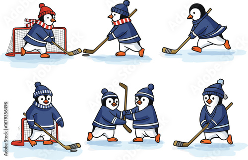 Cute penguins playing ice hockey in winter, wearing hats and scarves, cartoon illustration of fun sports animals on frozen outdoor rink.