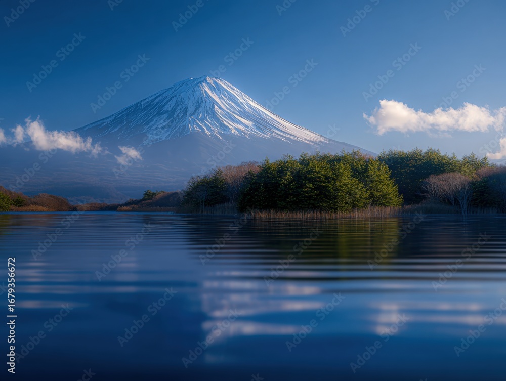 Fototapeta premium Majestic Mount Fuji Landscape: Serene Lake Reflections, Iconic Peak, and Tranquil Waterscape in Japan