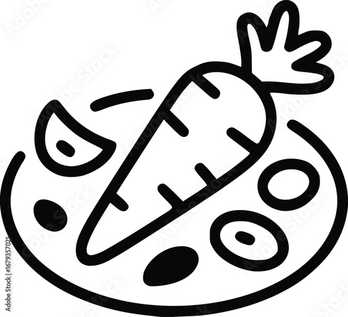 Whimsical Black and White Illustration of a Carrot and Other Foodstuffs on a Plate Expressing Healthy Eating and Vegetarian Lifestyle