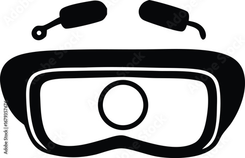 Stylized black and white icon of virtual reality vr goggles with headband and earbuds for gaming and immersive experiences