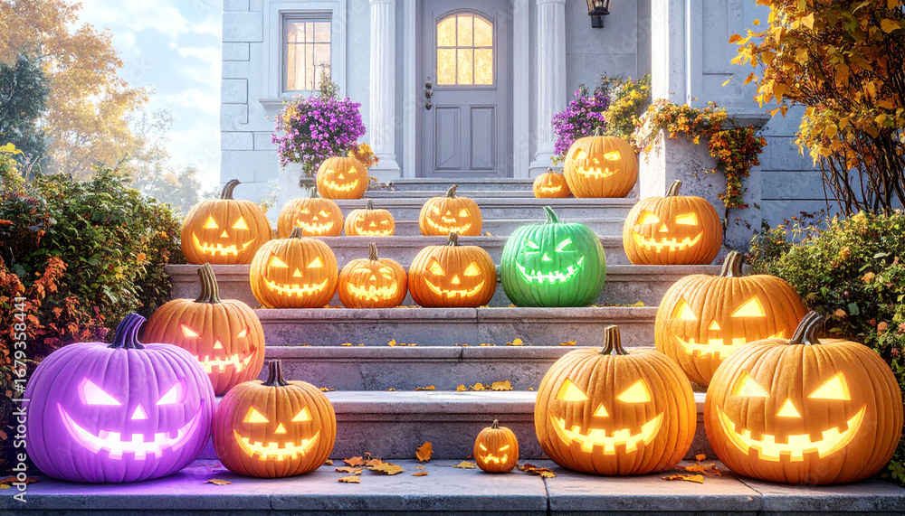 Obraz premium Festive Halloween Entrance with Glowing Jack-o'-Lanterns on Stone Steps