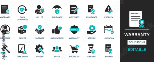 Warranty icon set collection. Seller, insurance, contract, assurance, problem, customer, defect, support, satisfaction, service and best solid icon set.