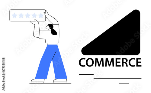 Person holding a five-star rating badge near a commerce label, symbolizing online business reviews. Ideal for customer feedback, quality, e-commerce, brand reputation, marketing, digital success