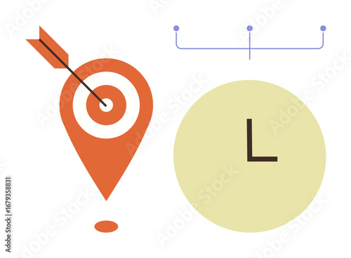 Target pin with arrow, minimalist clock, and timeline. Ideal for time management, goal setting, efficiency, planning, scheduling task prioritization teamwork. Clean design conveys simple flat