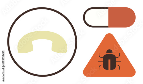 Bug inside warning triangle, capsule pill, and rotary phone handset outline. Ideal for healthcare, technology, cybersecurity, communication, caution danger infection prevention. Simple flat