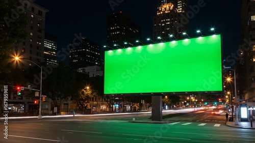 Empty green screen billboard at night, cityscape backdrop, with blurred traffic trails.