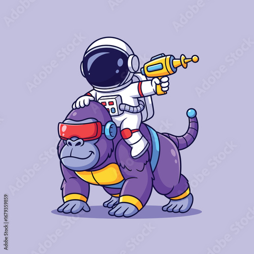 Wacky astronaut riding purple gorilla with blaster gun on purple background, fun cartoon style