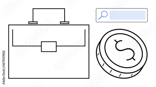 Briefcase, dollar coin, and search bar symbolize business, finance, productivity, investment, e-commerce, technology trends and online search. Ideal for banking management simple landing page