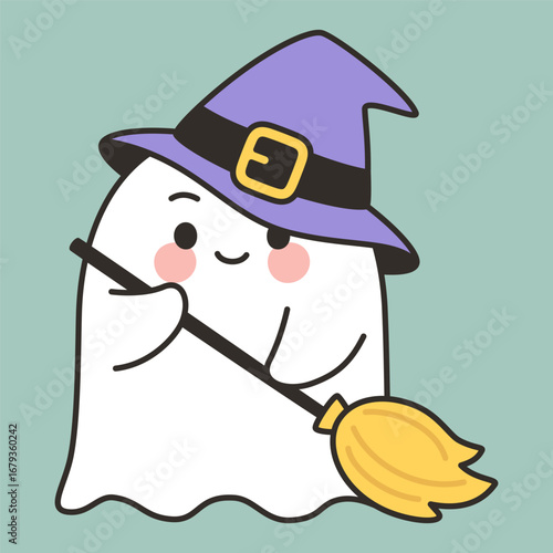 Kawaii hand drawn Cartoon Ghost Witch with Hat and Broom